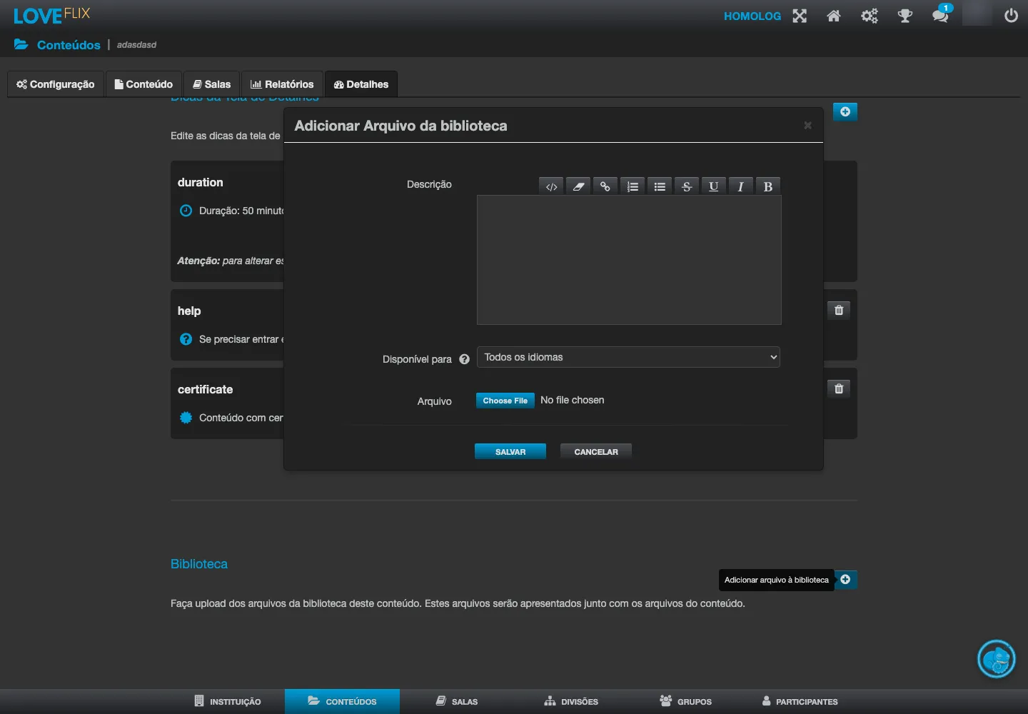 Modal Adicionar Arquivo da biblioteca com o campo Descrição, o campo Disponível para mostrando as opções Todos os idiomas, Português, Français, Español e English, e o campo Arquivo