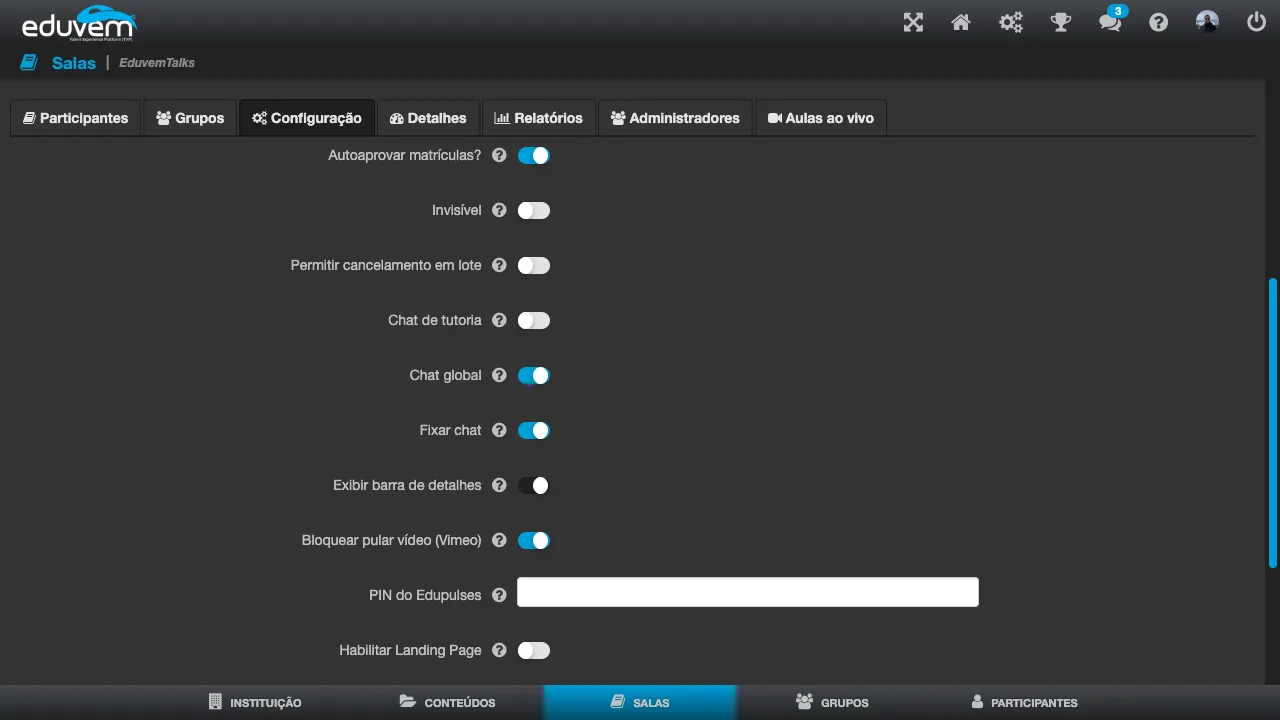 Tela de configuração da sala, com as opções Chat de tutoria e Chat global