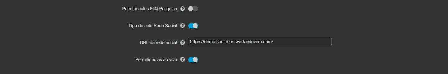 Aba Configuração da instituição, com o interruptor Tipo de aula Rede Social ativado e o campo URL da rede social preenchido logo abaixo