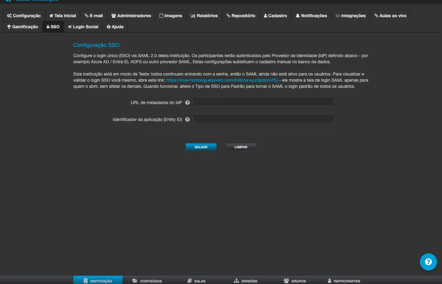 Tela Configuração SSO, com a URL de metadados do IdP e o identificador da aplicação (Entity ID)