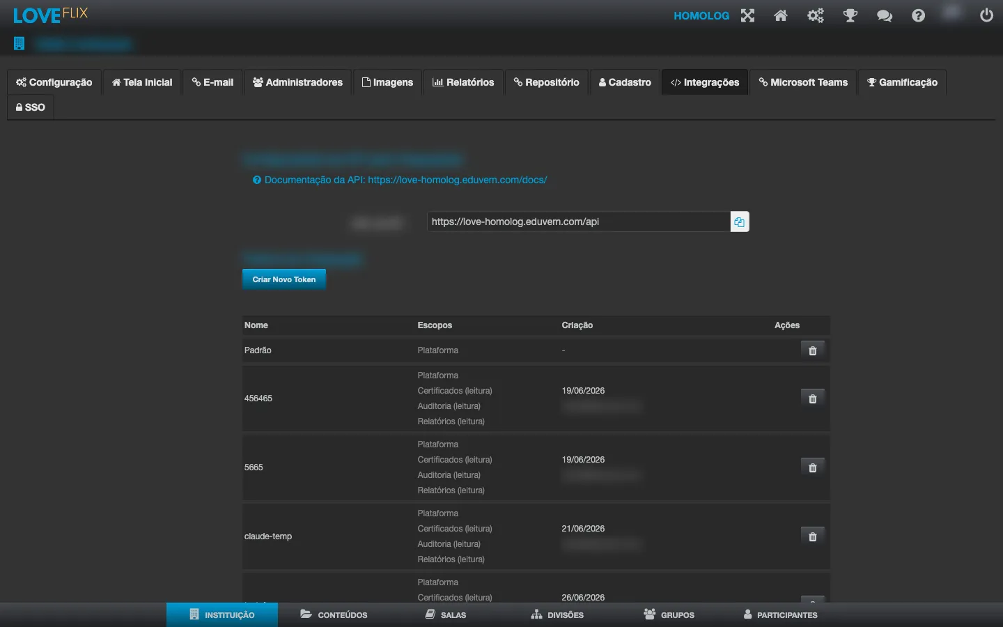 Aba Integracoes da instituicao, com o link Documentacao da API e o campo URL da API