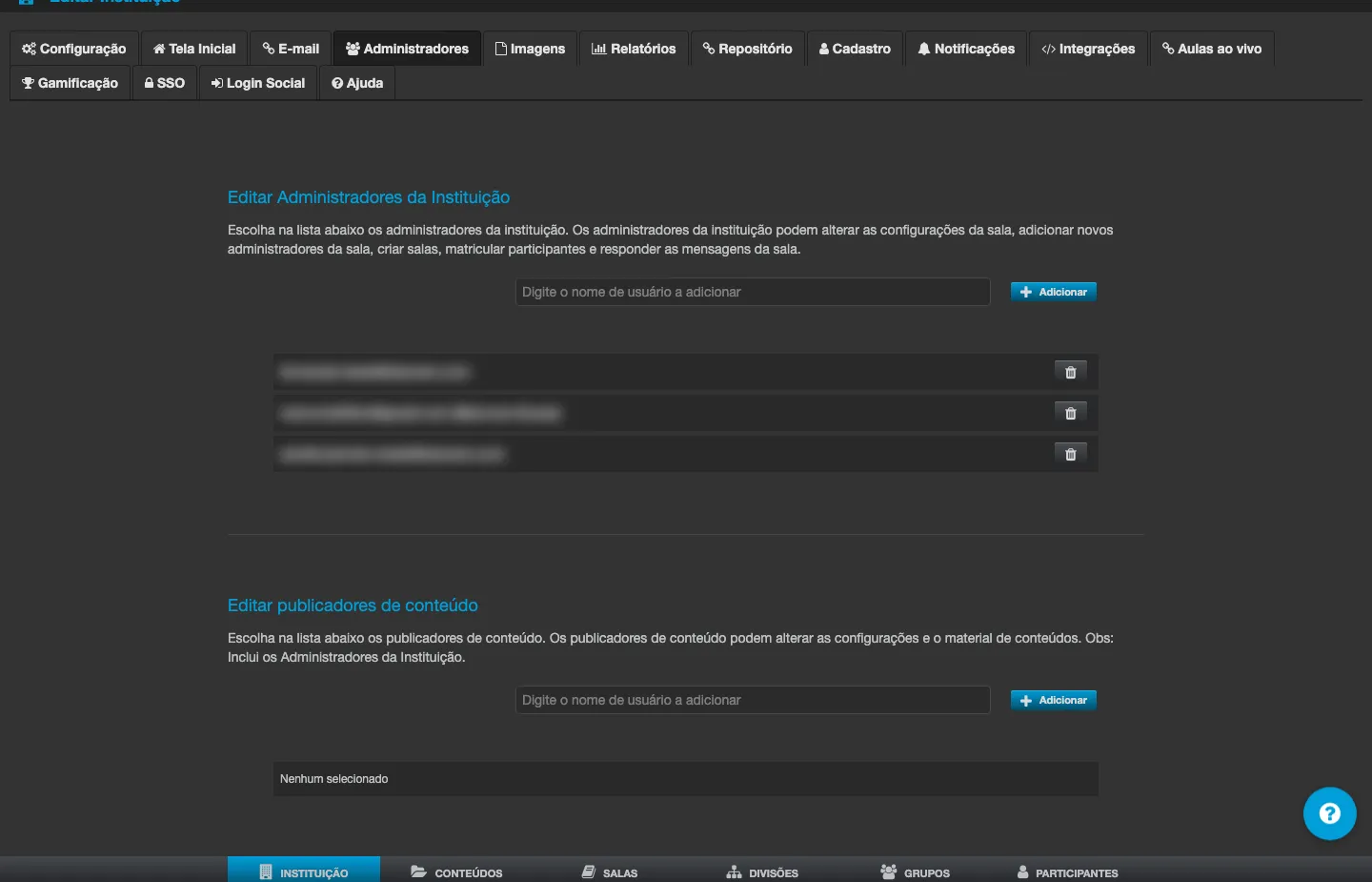 Tela Editar Administradores da Instituição, com a lista de administradores e o campo para adicionar um novo