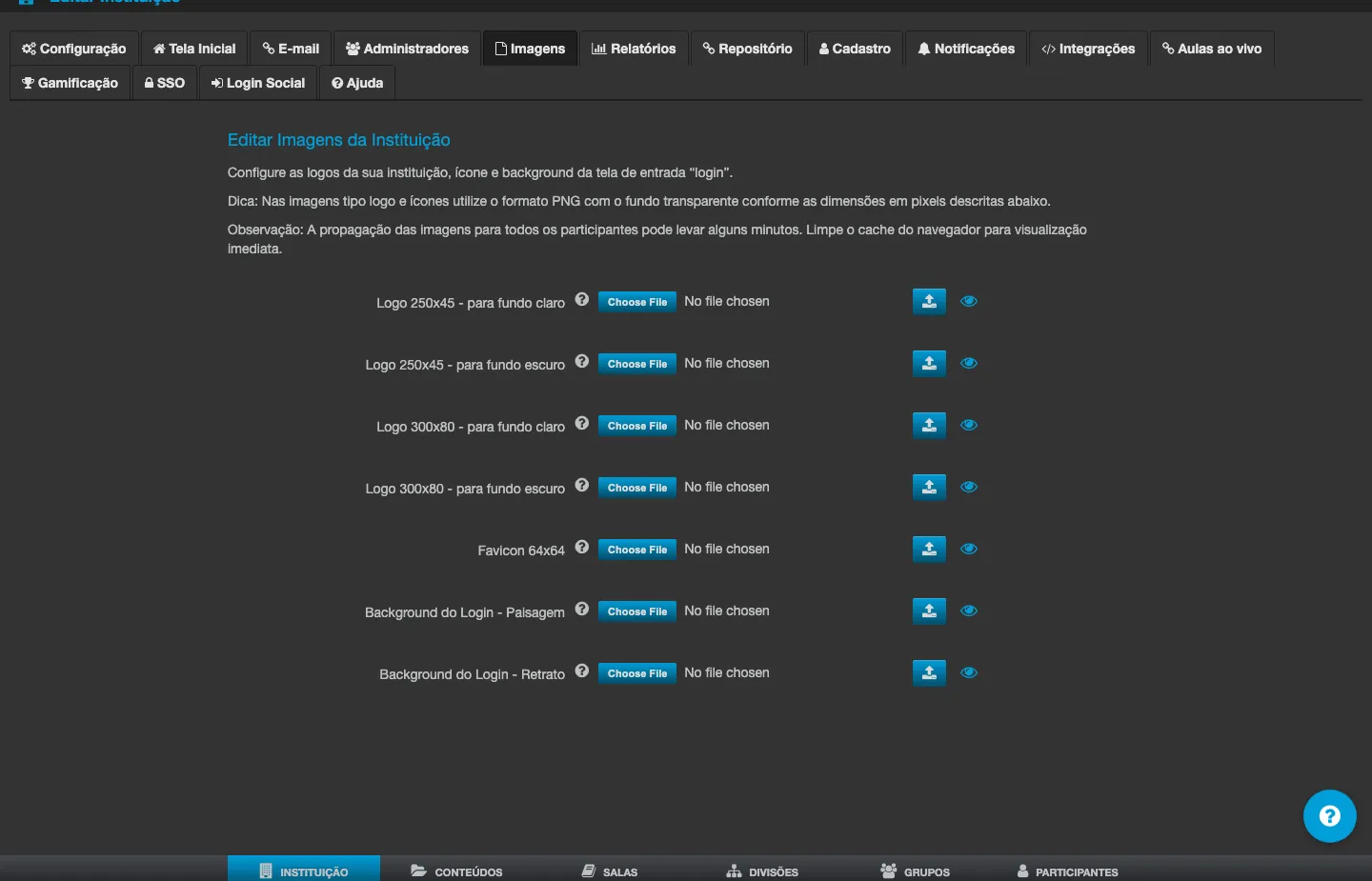 Tela Editar Imagens da Instituição, com os campos de upload para logomarcas, favicon e ícones do aplicativo