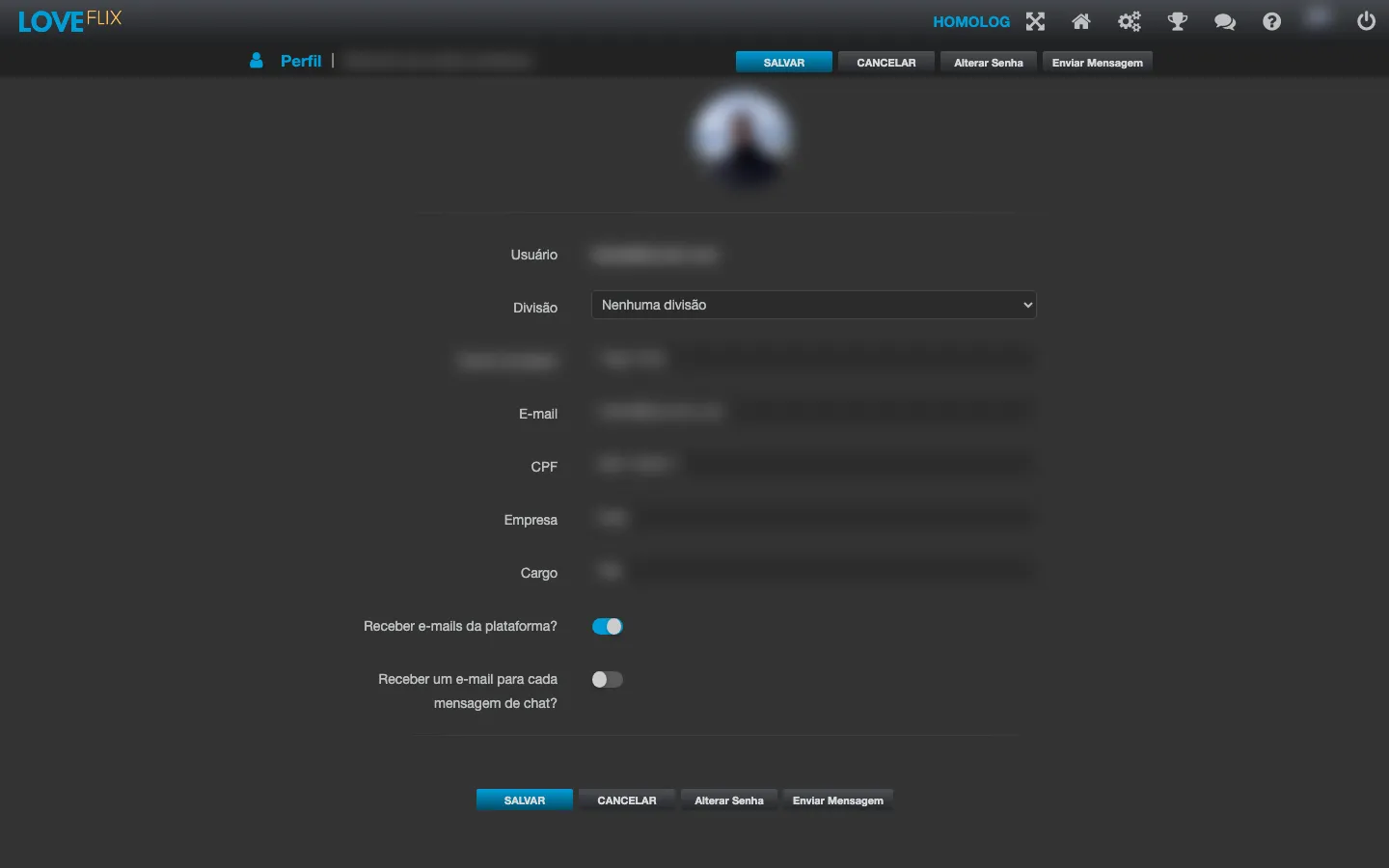 Tela Perfil em modo de edicao, com os campos editaveis e os botoes Salvar, Cancelar e Alterar Senha