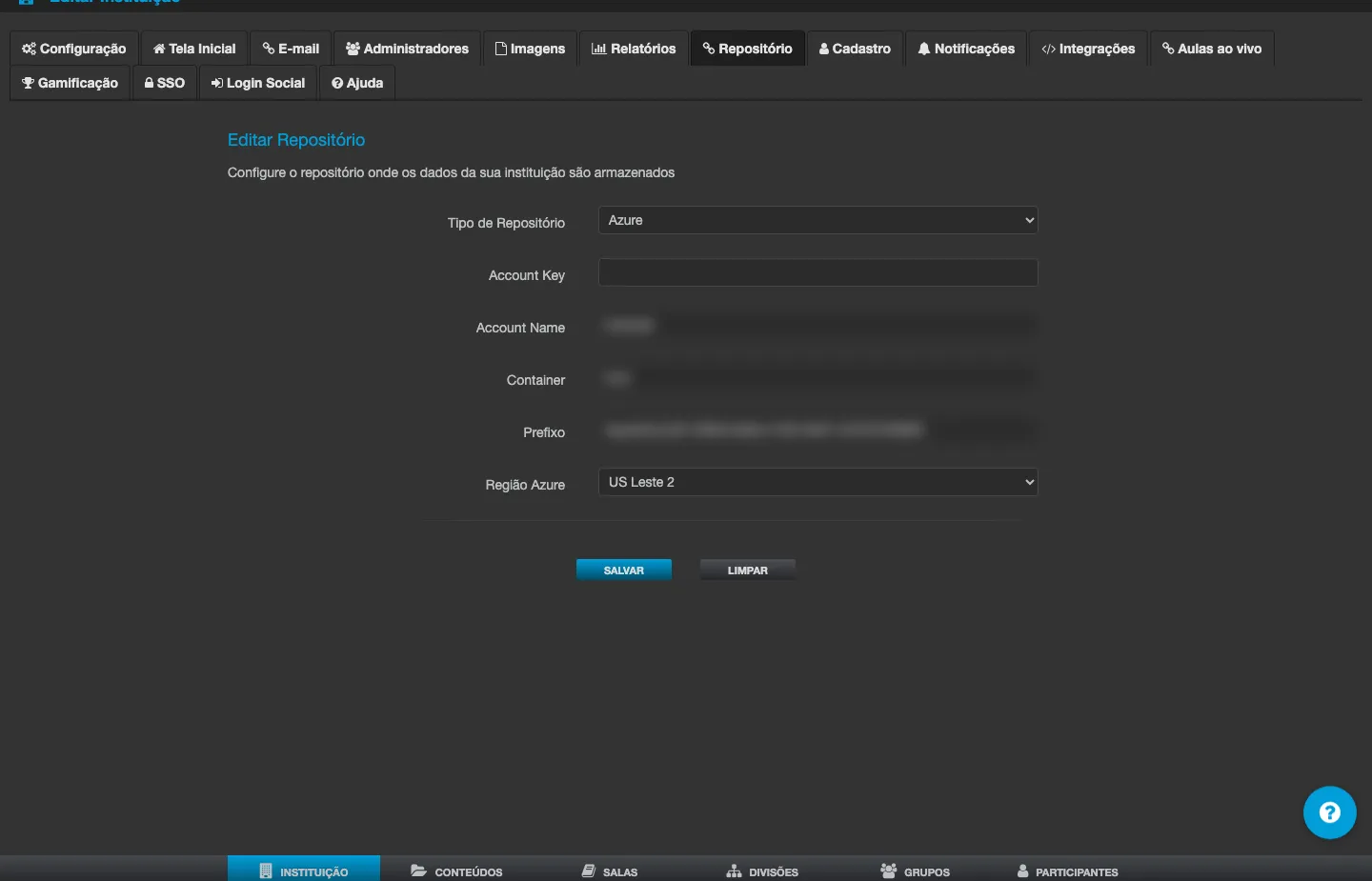 Tela Editar Repositório da Instituição, com o tipo de repositório e os campos de conexão do armazenamento