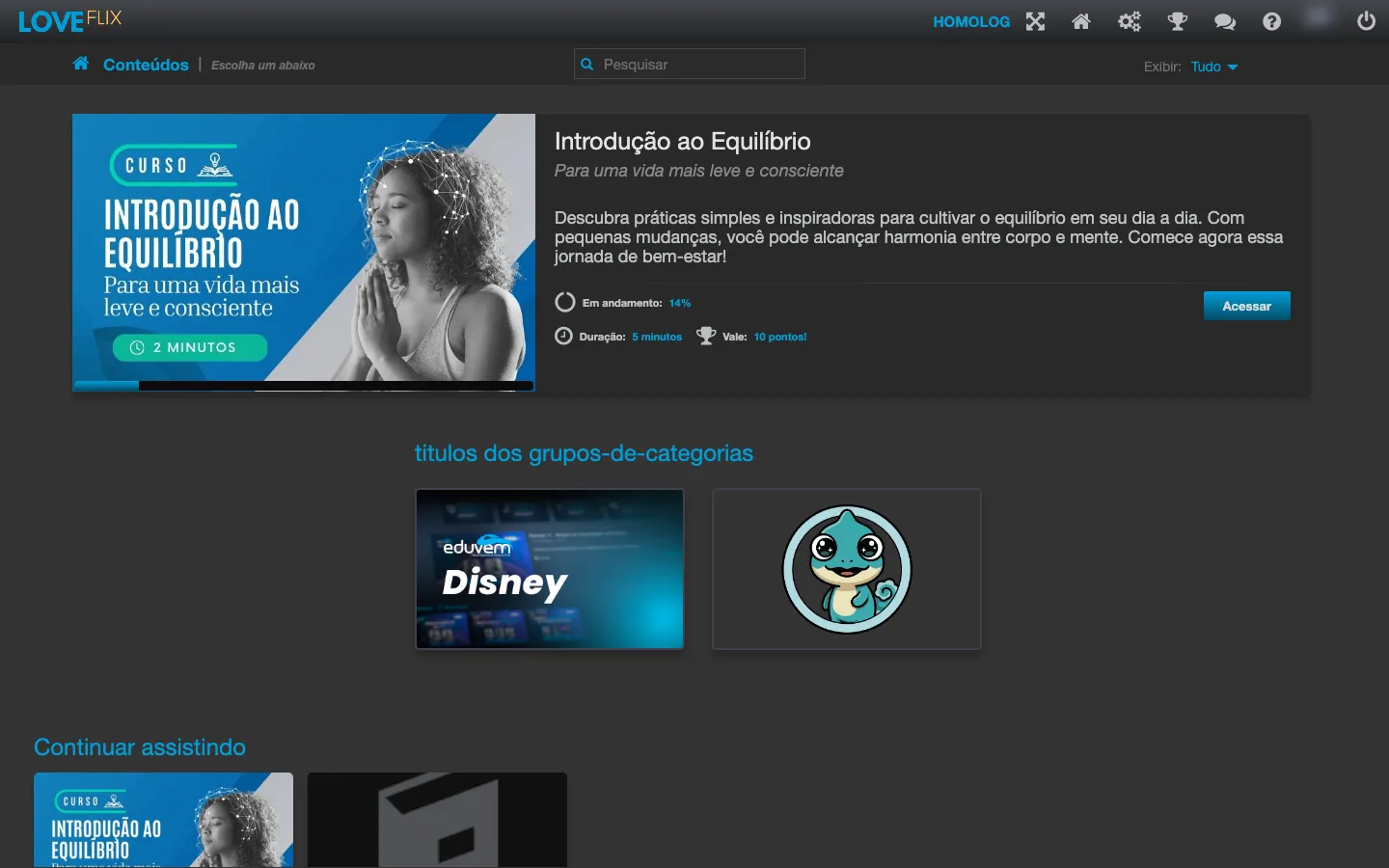 Pagina inicial Conteudos, mostrando os conteudos disponiveis para navegar e acessar