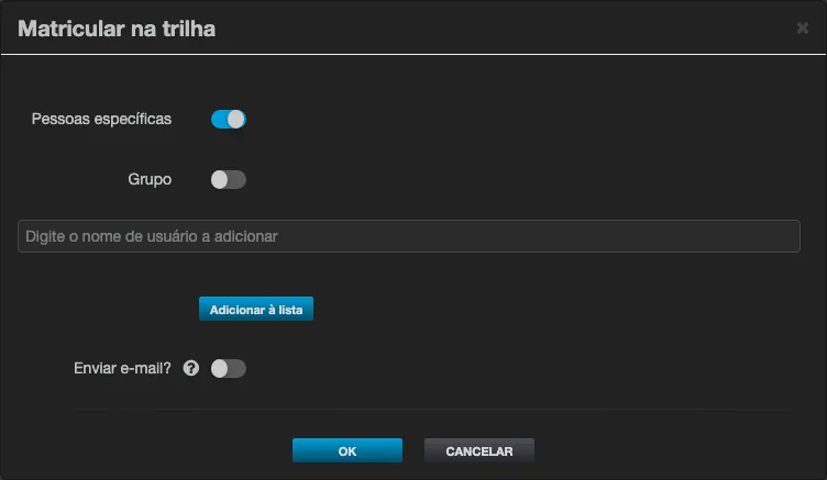 Janela Matricular na trilha, com as opções Pessoas específicas e Grupo, o campo de busca e a opção Enviar e-mail