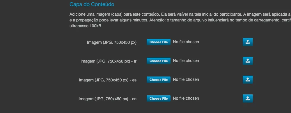 Seção Capa do Conteúdo na aba Detalhes, mostrando uma linha de upload de imagem para o idioma base e uma linha adicional para cada idioma - fr, - es e - en