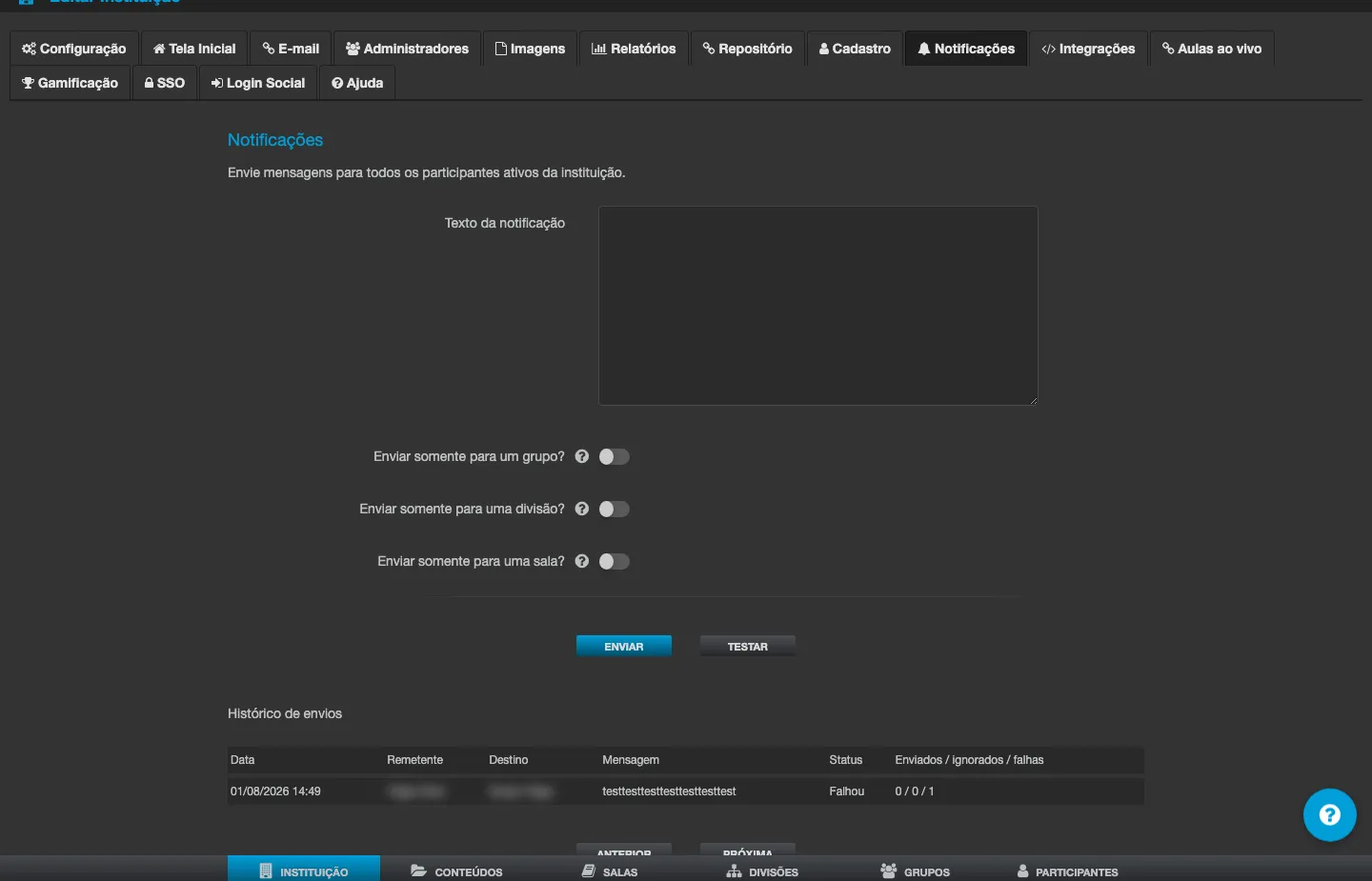 Aba Notificações, com o campo de texto do aviso, as opções de enviar somente para um grupo, uma divisão ou uma sala, os botões Enviar e Testar, e a tabela Histórico de envios