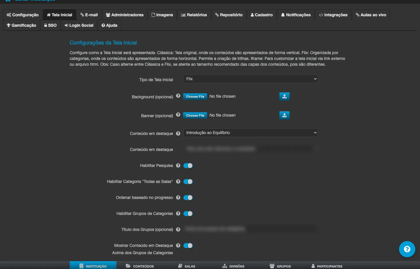 Tela Configurações da Tela Inicial, com o tipo de tela inicial, background, banner e conteúdo em destaque