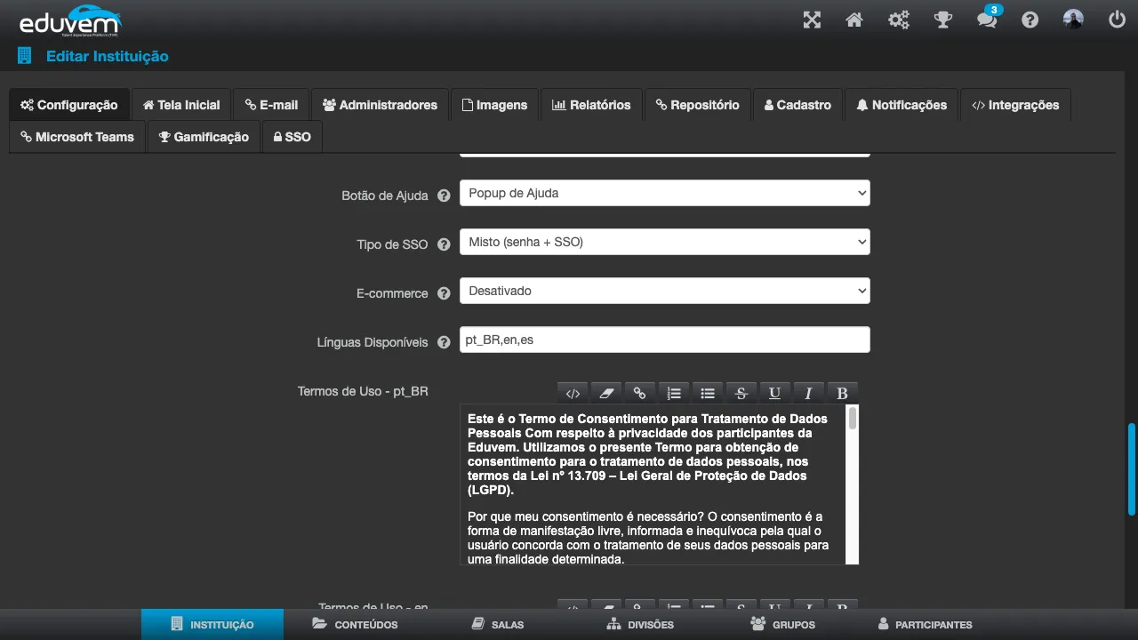 Configuração da instituição, com o campo Línguas Disponíveis e os editores de Termos de Uso por idioma