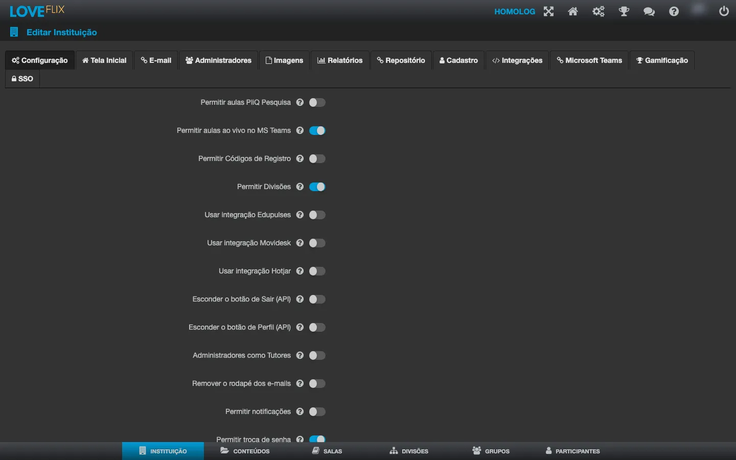 Aba Configuracao da instituicao, com as opcoes Usar integracao Movidesk, Usar integracao Hotjar e outras
