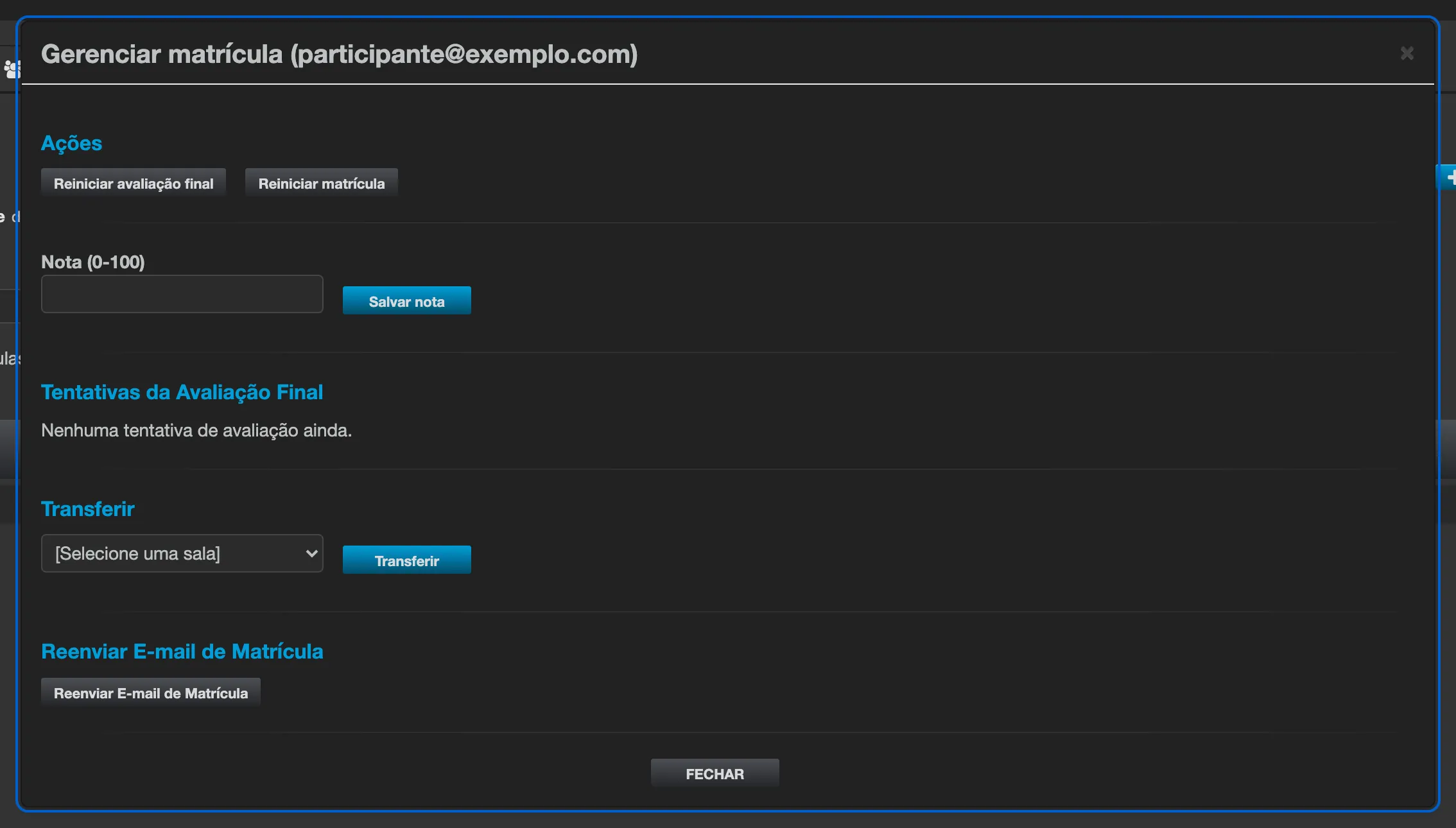 Modal Gerenciar matrícula, com a seção Transferir e a lista de salas de destino