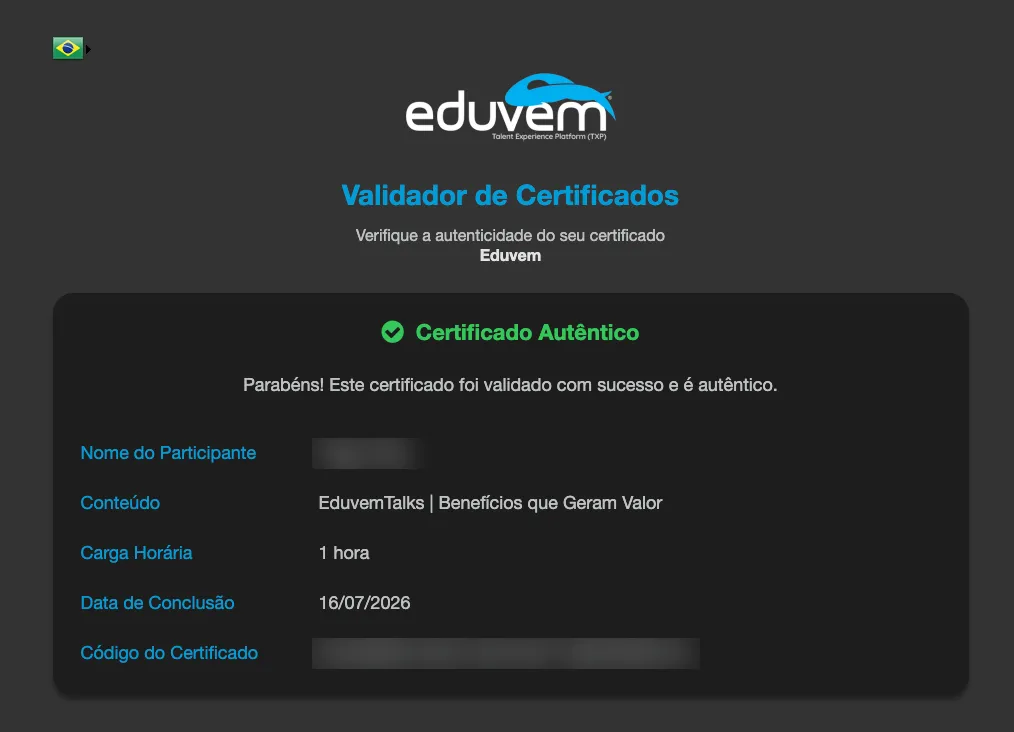 Validador de Certificados confirmando o certificado como autêntico, com conteúdo, carga horária e data de conclusão