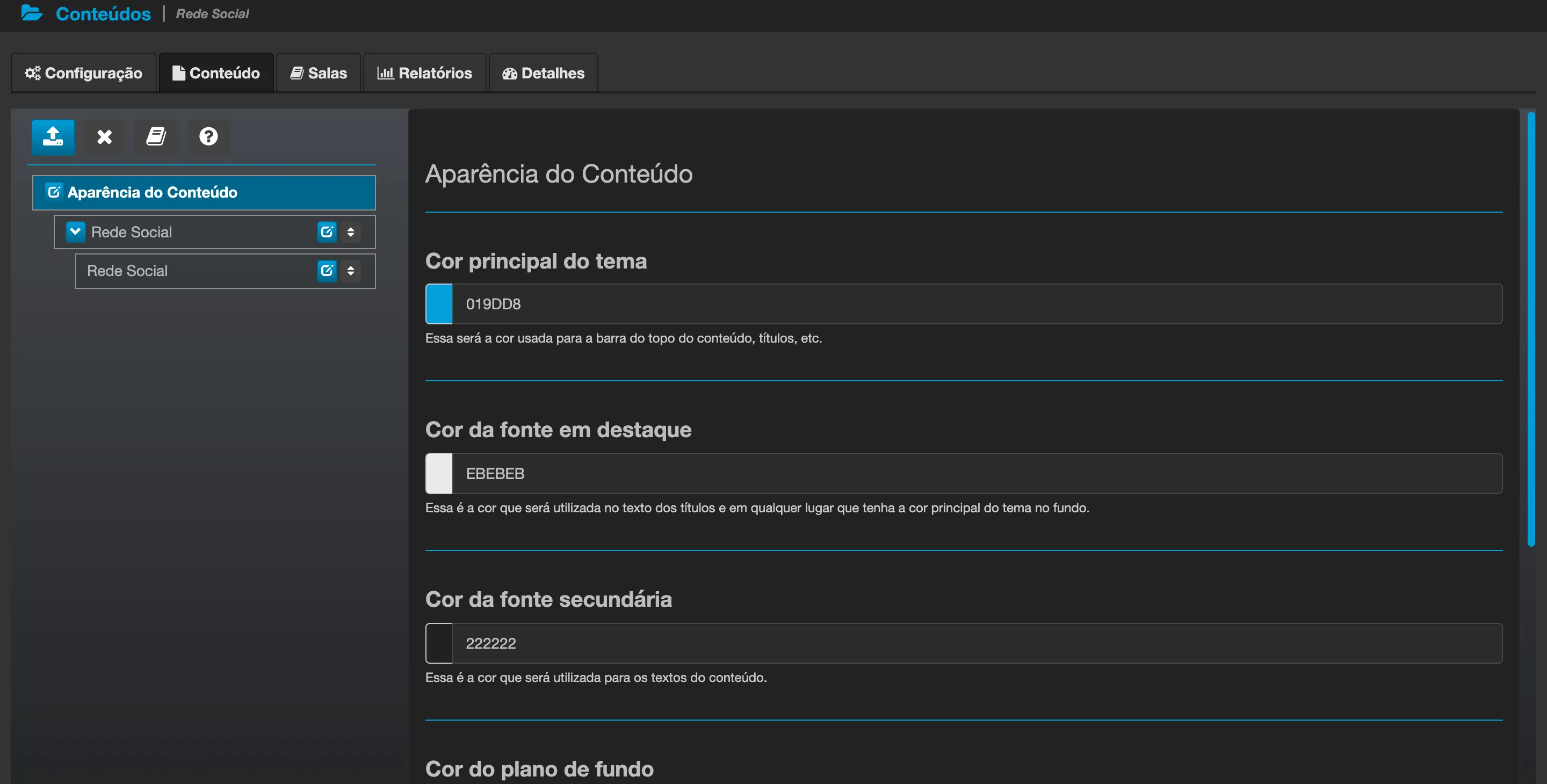 Editor de conteúdo modular: a estrutura à esquerda e, à direita, o painel do item selecionado - aqui, a Aparência do Conteúdo