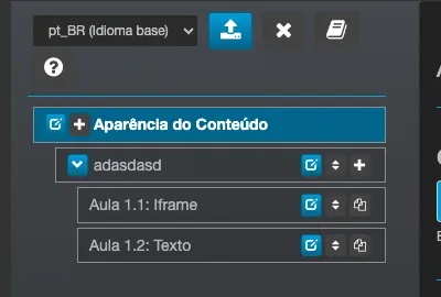 Editor de aulas do Wizard com o seletor de idioma no canto superior esquerdo, mostrando o idioma base selecionado